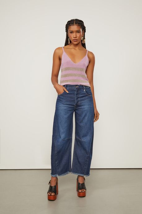 Regata De Tricot Lurex Com Decote v Rosa Vintage/ Bege Cashmere - M