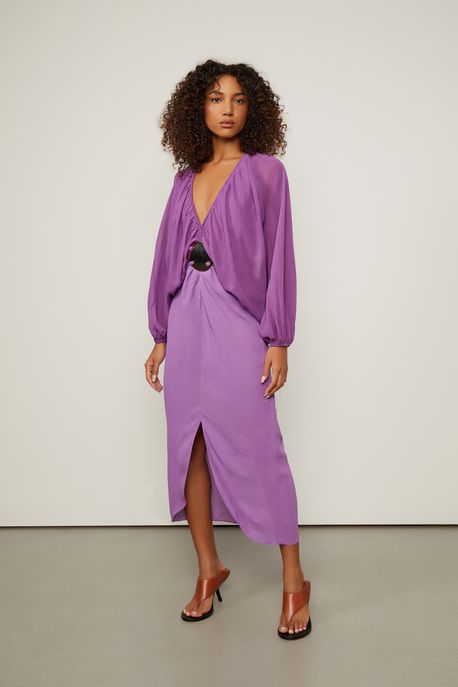 Vestido De Georgette Leve Midi Roxo Manga Leque Com Cinto Roxo Mirtilo - 36