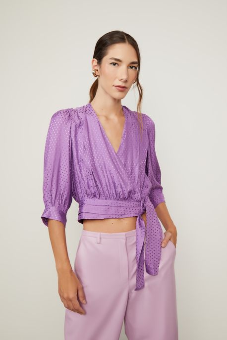 Blusa Jacquard Manga 3/4 Roxa Amarração Lateral Roxo Mirtilo - 38