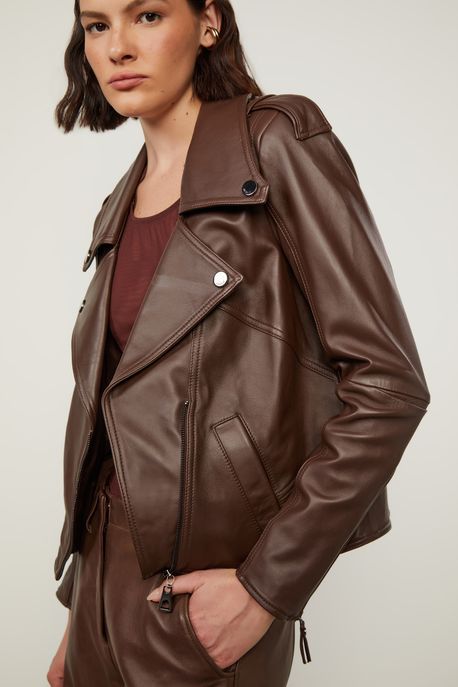 Jaqueta De Couro Biker Zíper Mini Marrom Café - 38