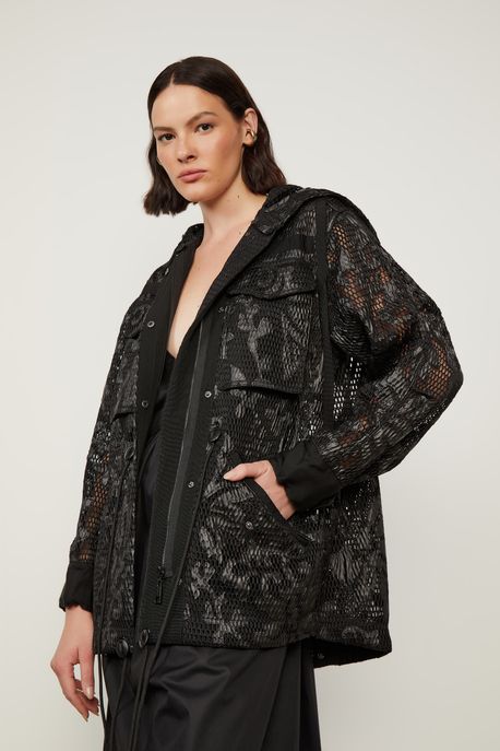 Jaqueta Parka De Tela Cut Out Com Flores Preto - M