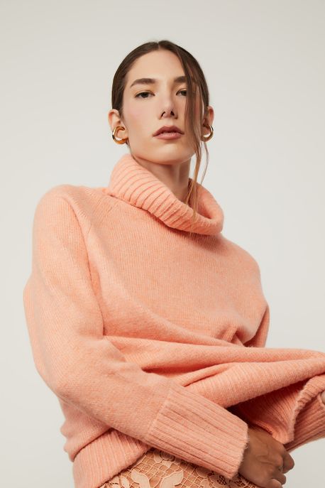 Blusão De Tricot Pull Com Maxi Gola Rose Gold - G