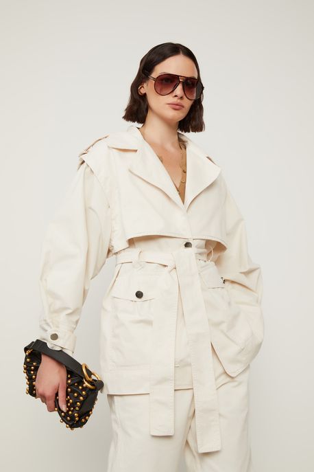 Casaco Trench Coat Sobreposto De Sarja Bege Creme - M