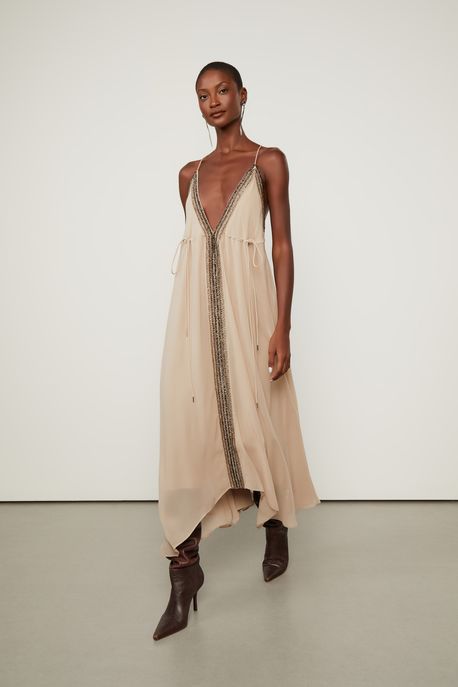 Vestido Assimétrico Com Pedraria No Decote Bege Cashmere - 42