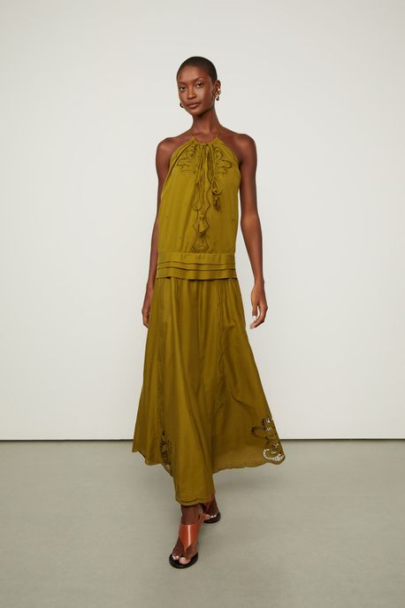 Vestido De Algodão Com Bordado e Pala Na Cintura Verde Figo - 38