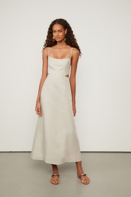 Vestido Midi De Alcinha Costas Cruzadas Com Linho Natural Natural - 42