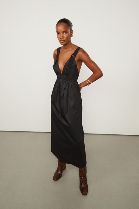 Vestido Midi Alça Larga De Gorgorão De Algodão Preto Preto - 44