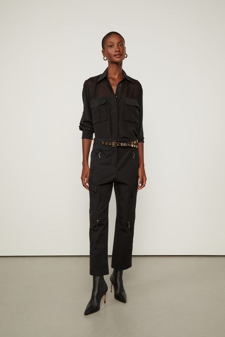 Calça Com Bolsos e Zíperes Preto - 44