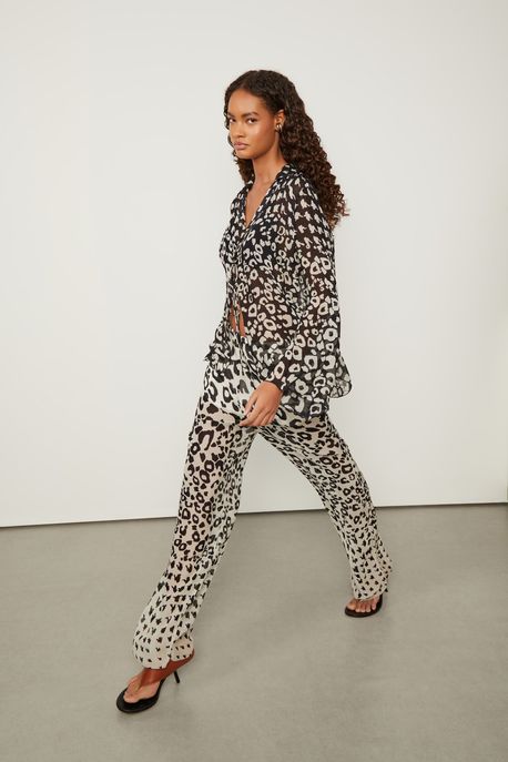 Calça De Georgette Leve Flare Estampada Cós De Elástico Est Bar Sketch Cronos Branco e Preto - 42