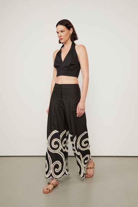 Calça Ampla Com Bordados Preta Preto - 42