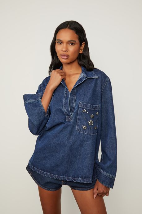 Blusa Jeans Polo Com Bordado Jeans Escuro - M