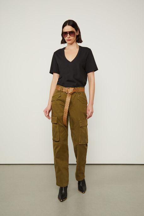 T-Shirt De Algodão Pima Decote v Preto - G