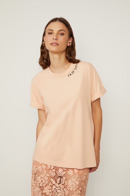 T-Shirt De Malha Rose Com Bordado Rose Gold - P