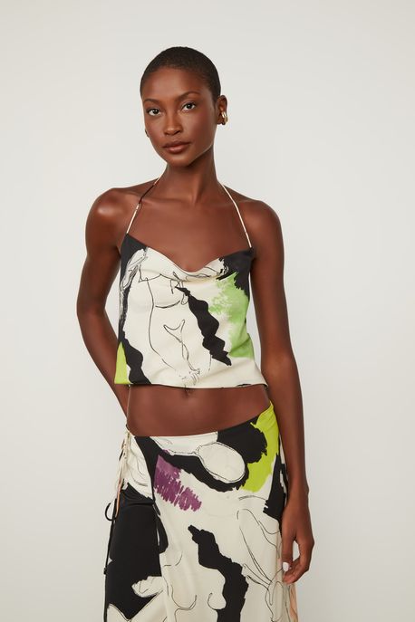 Top De Seda Frente Única Degagê Estampado Est Abstrato Contorno Chicoria e Plum - 36