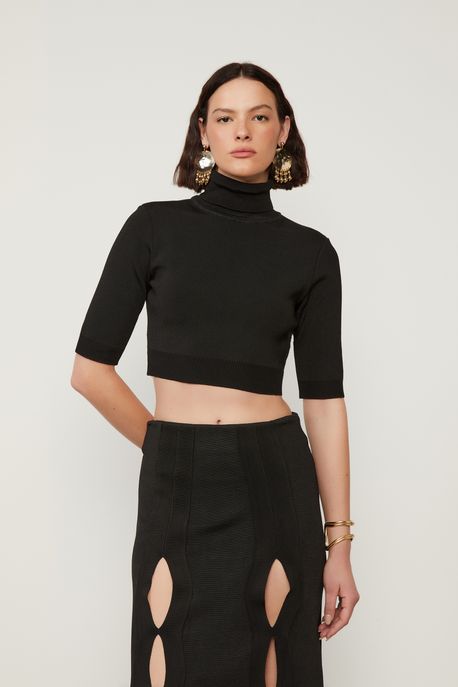 Top De Tricot Com Gola Alta Preto - G