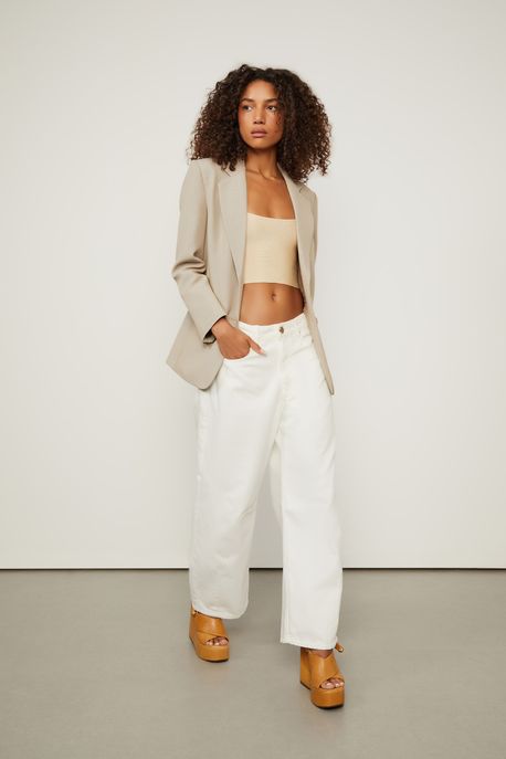 Top De Tricot Básico Com Decote Reto Bege Creme - P