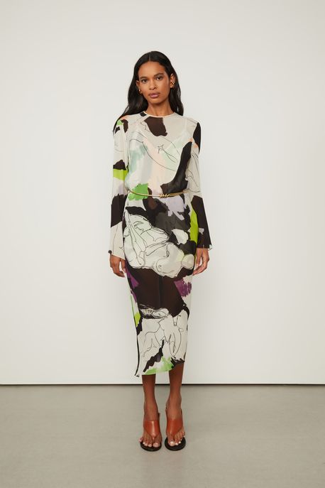 Vestido De Georgette Leve Midi Estampado Est Abstrato Contorno Chicoria e Plum - 38
