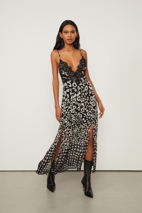 Vestido De Georgette Leve Midi Estampado Renda Aplicada Est Bar Sketch Cronos Preto e Branco - 40