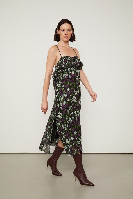 Vestido De Georgette Leve Midi De Alça Estampado Amarração Costas Est Floral Jardim Preto e Menta - 40