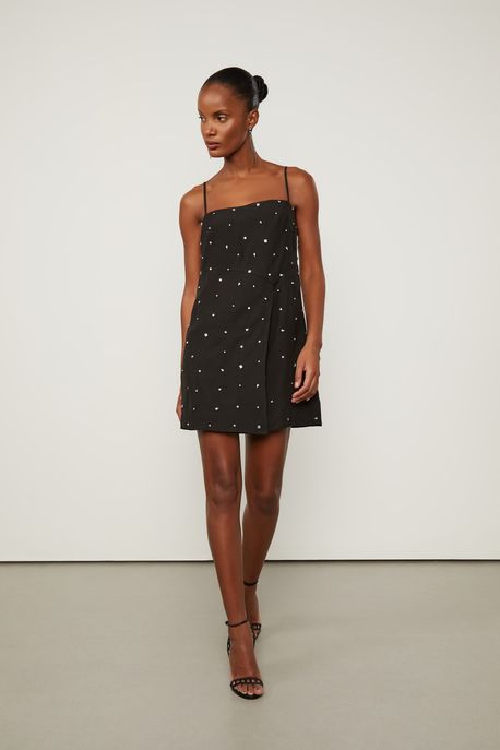Vestido Mini De Crepe Preto Bordado Preto - 36