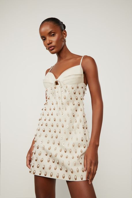 Vestido Curto Com Alca Bordado Bege Cashmere - 34
