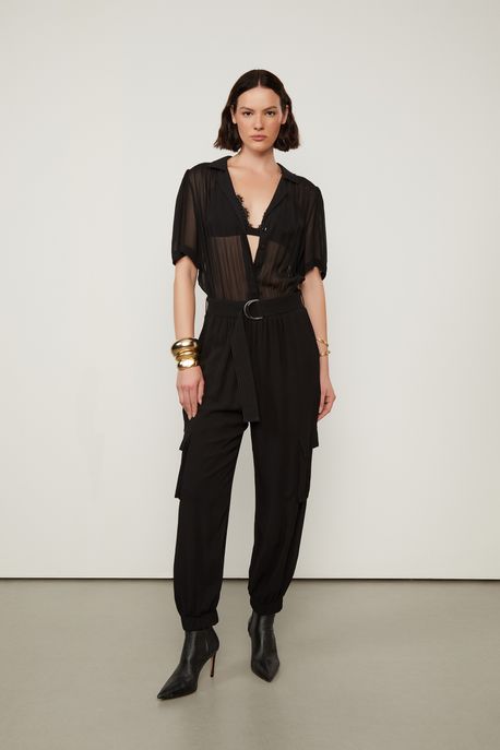 Macacão Longo De Georgette Com Cinto Preto Preto - 38