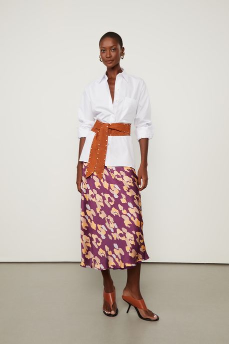 Saia De Seda Midi Estampada Cós Amarração Est Onca Urbana Plum - 42