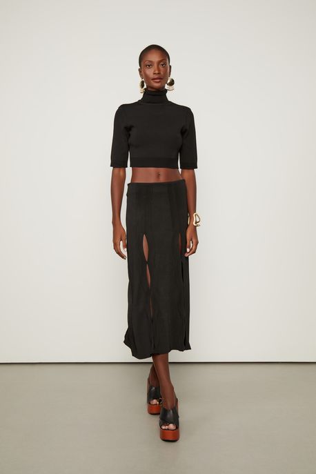 Saia De Tricot Midi Vazada Preto - P