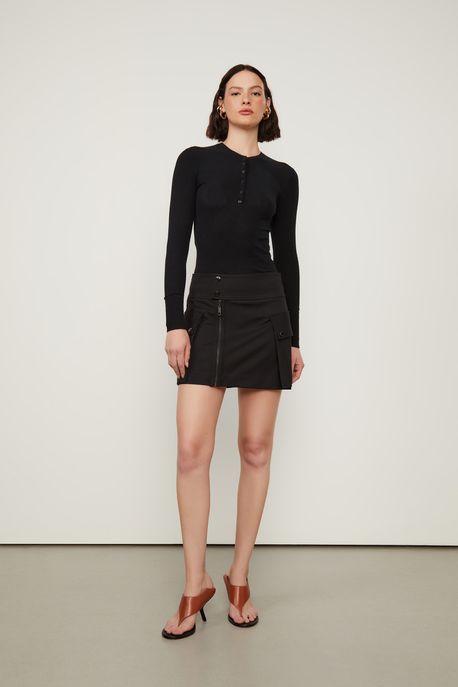 Minissaia De Malha Estruturada Preta Com Cós Pespontado Preto - M