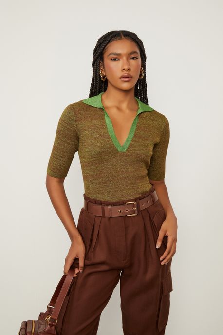 Blusa De Tricot Lurex Com Gola Polo Verde Escuro/ Verde - M