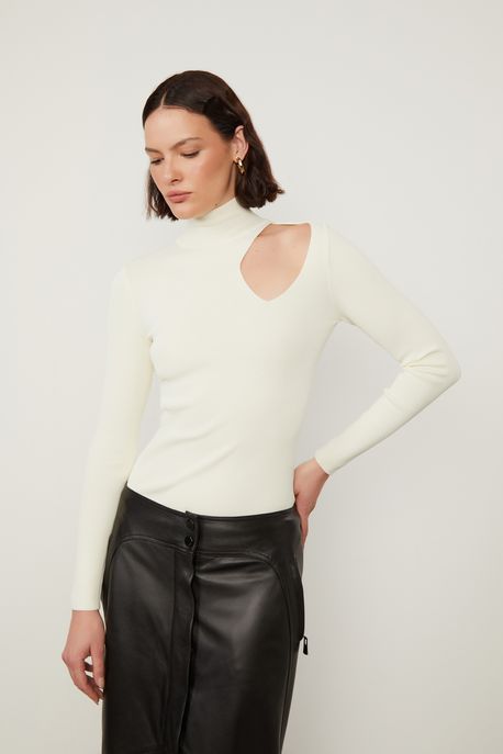 Blusa De Tricot Manga Longa Com Recorte Ombro Bege Creme - M