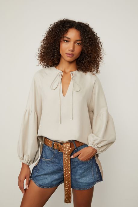 Bata Manga Longa Decote v Com Linho Natural Natural - 42