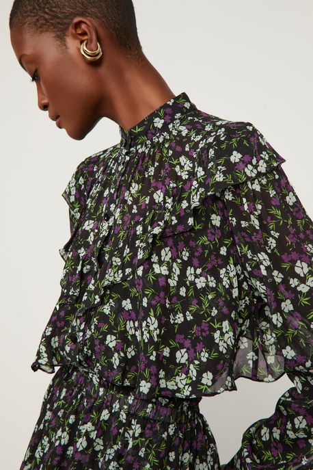 Camisa De Georgette Leve Babados Estampada Est Floral Jardim Preto e Menta - 40