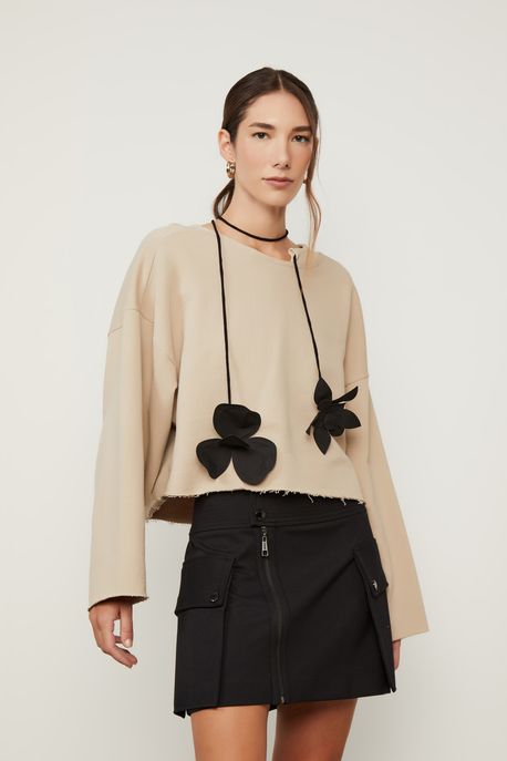 Blusa De Moletom Bege Com Aplicação Bege Cashmere - P