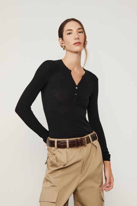 Blusa De Tricot Manga Longa Portuguesa Preto - GG