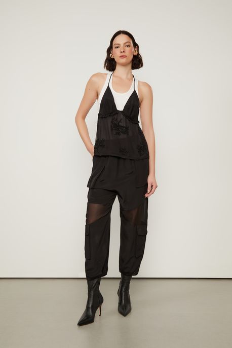 Top Frente Única Com Bordados Preto - G