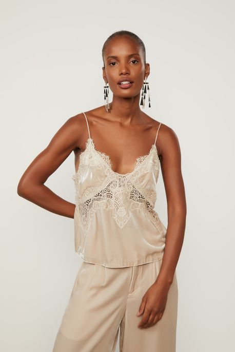 Regata Em Veludo Com Renda Bege Cashmere Bege Cashmere - 40