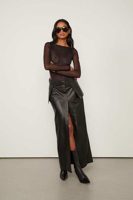 Body De Tule Manga Longa Tiras Preto Preto - PP