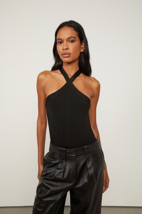 Body De Tricot Com Decote Cruzado Preto - M