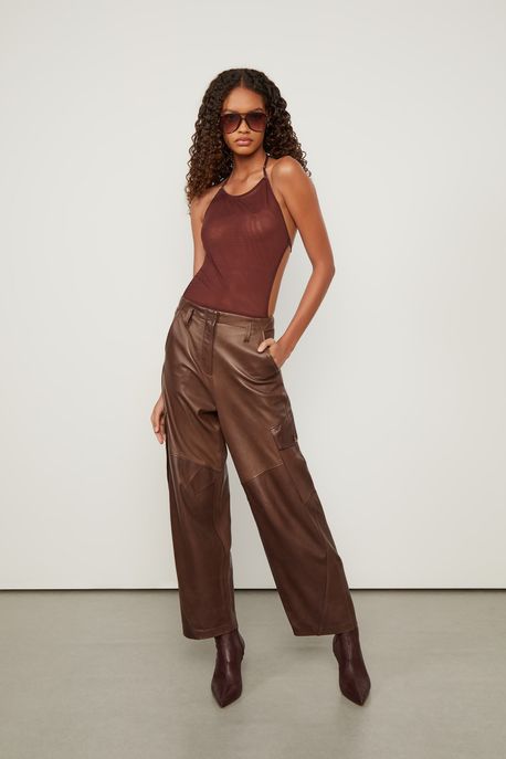 Calça De Couro Cargo Pespontos Marrom Cafe - 42