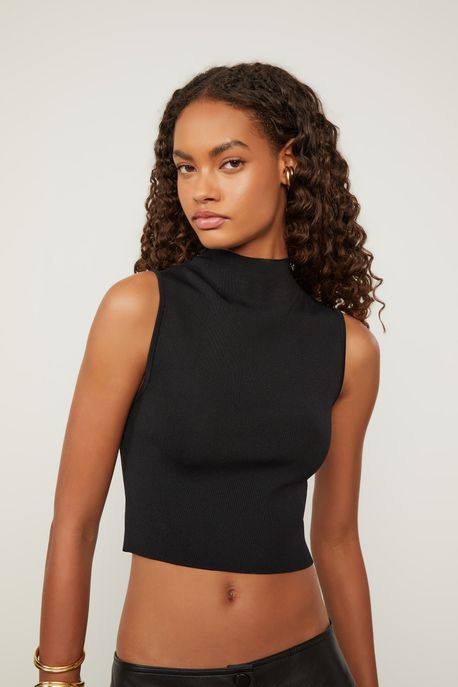 Blusa Básica De Tricot Cropped Gola Alta Preto - PP