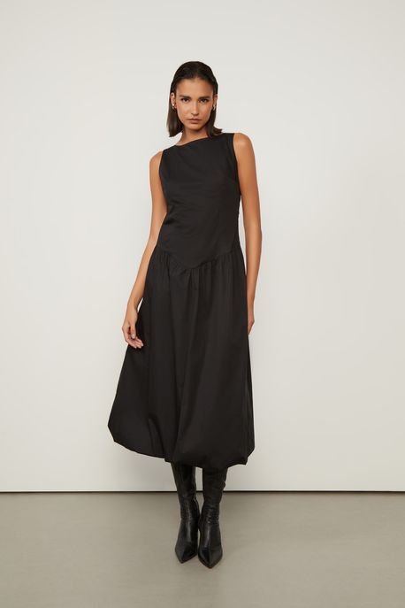 Vestido Sem Manga Midi De Tricoline Preto - 36