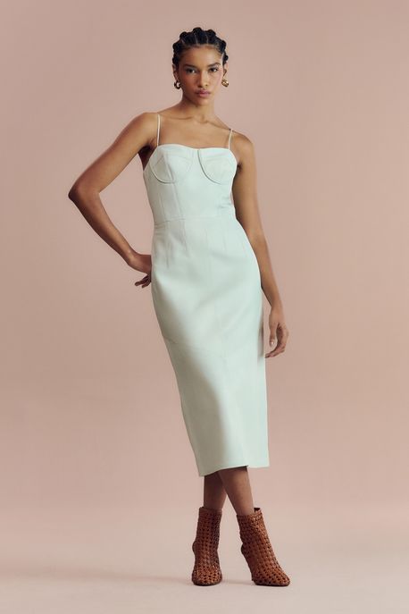 Vestido De Couro Midi Top Com Vivo Verde Menta - 34