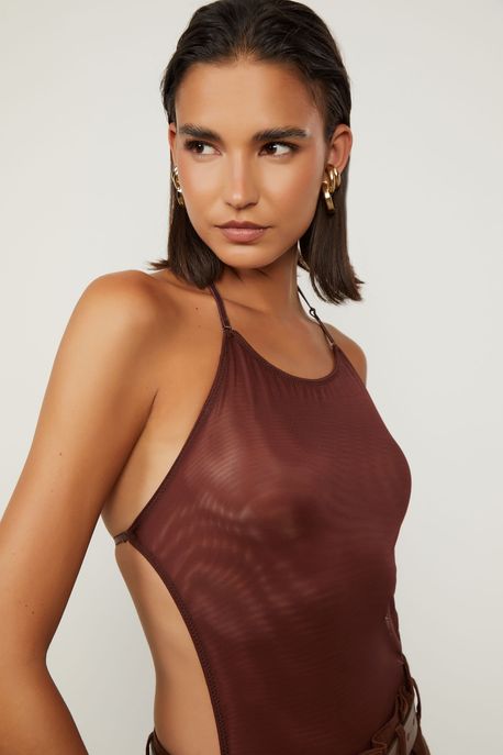 Body De Tule Tiras Marrom Marrom Café - M