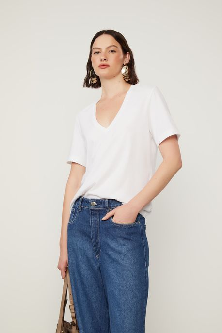 T-Shirt De Algodão Pima Decote v Off White - G
