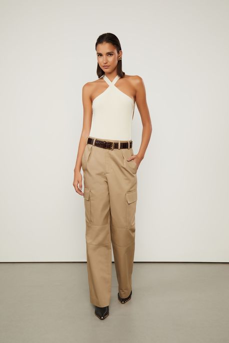 Body De Tricot Com Decote Cruzado Bege Creme - M