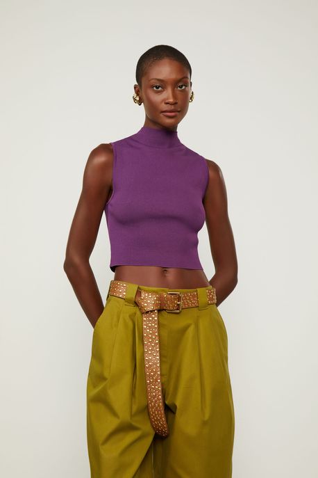 Blusa Básica De Tricot Cropped Gola Alta Roxo Plum - PP