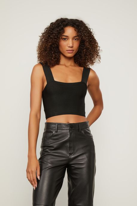 Top De Tricot Básico Com Decote Reto Preto - G