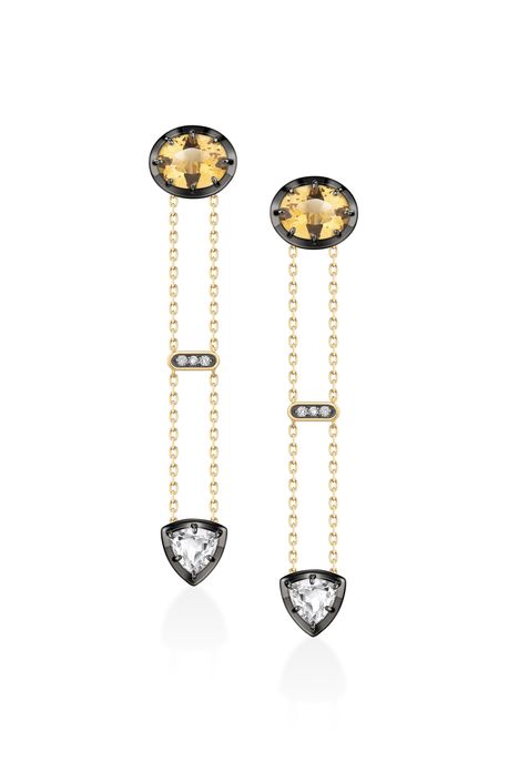 Brinco Cocktail Longo Ouro Amarelo Com Diamante / Citrino / Topázio White - U