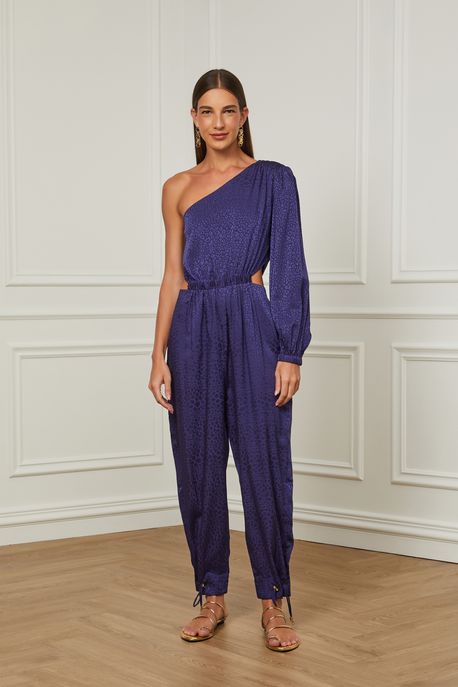 Macacão De Jacquard Um Ombro Só Azul Recorte Na Cintura Azul Eclipse - 38